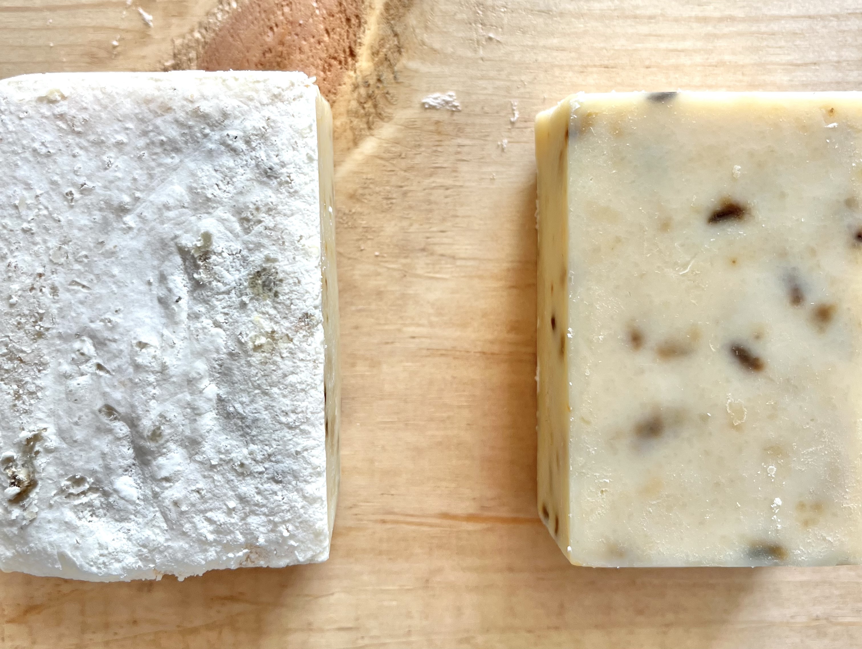 soda ash on one bar of soap, none on the other one